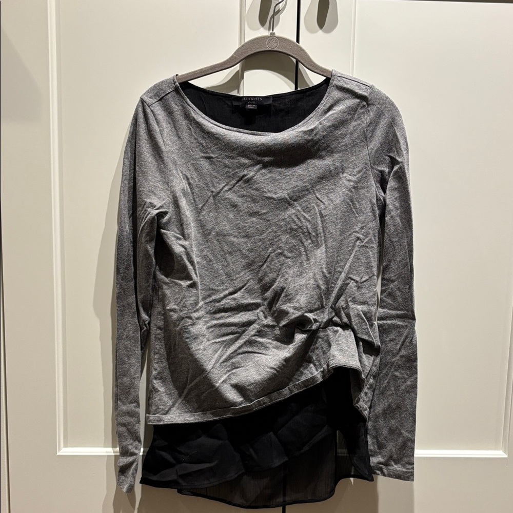 All Saints Charcoal Long Sleeve Women's Top with sheer layer